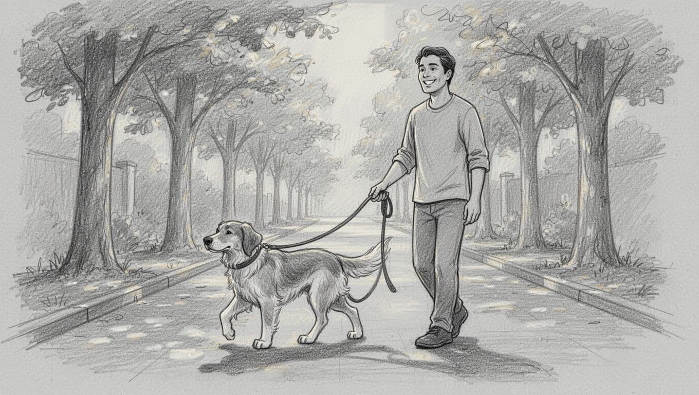 Side-view sketch of relaxed dog walking calmly beside smiling owner on loose leash along quiet tree-lined street.
