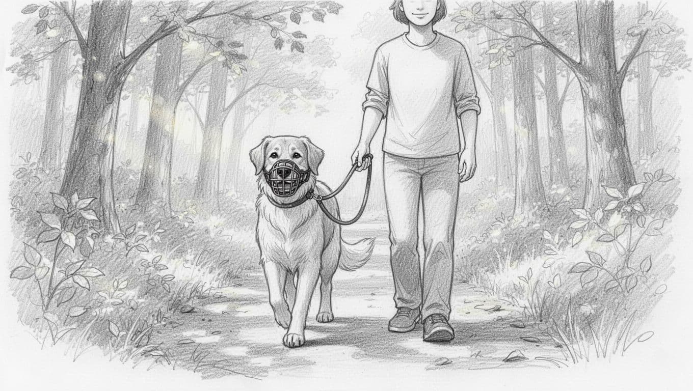 Hand-drawn sketch of a dog with loose muzzle walking calmly beside its owner on a forest path.