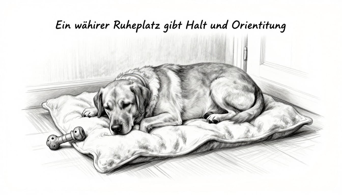 Hand-drawn grayscale graphite sketch of a medium-sized Labrador dog resting calmly with head down in a cozy basket on a soft blanket in a quiet living room corner, chew toy nearby on the floor.