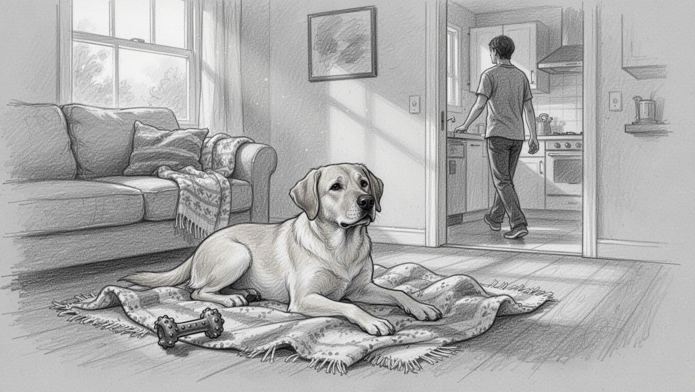Hand-drawn graphite sketch in grayscale of a medium-sized Labrador dog lying relaxed on a cozy blanket in a bright living room corner, chew toy on floor nearby, owner partially visible walking toward kitchen doorway in background.