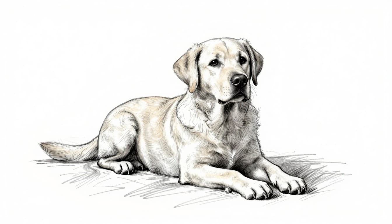 Hand-drawn sketch of a calm Labrador dog lying relaxed on a blanket in a quiet living room corner, head slightly raised, with a house door slightly open in the background. Cozy home setting featuring graphite linework and light shading on clean white paper.