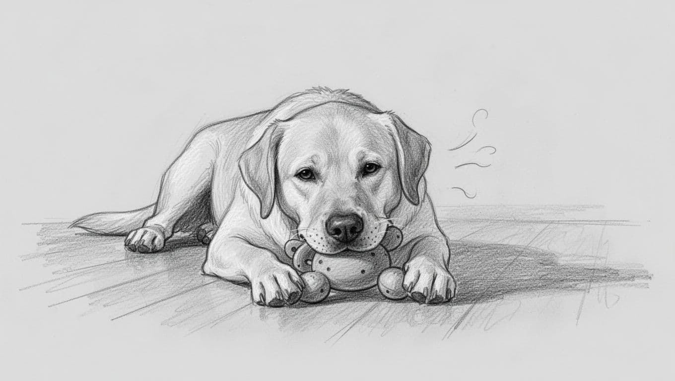 Medium-sized Labrador dog lying relaxed on living room floor, calmly chewing a toy with loose body language and calm eyes. Hand-drawn graphite sketch in grayscale tones with light shading on light gray paper.