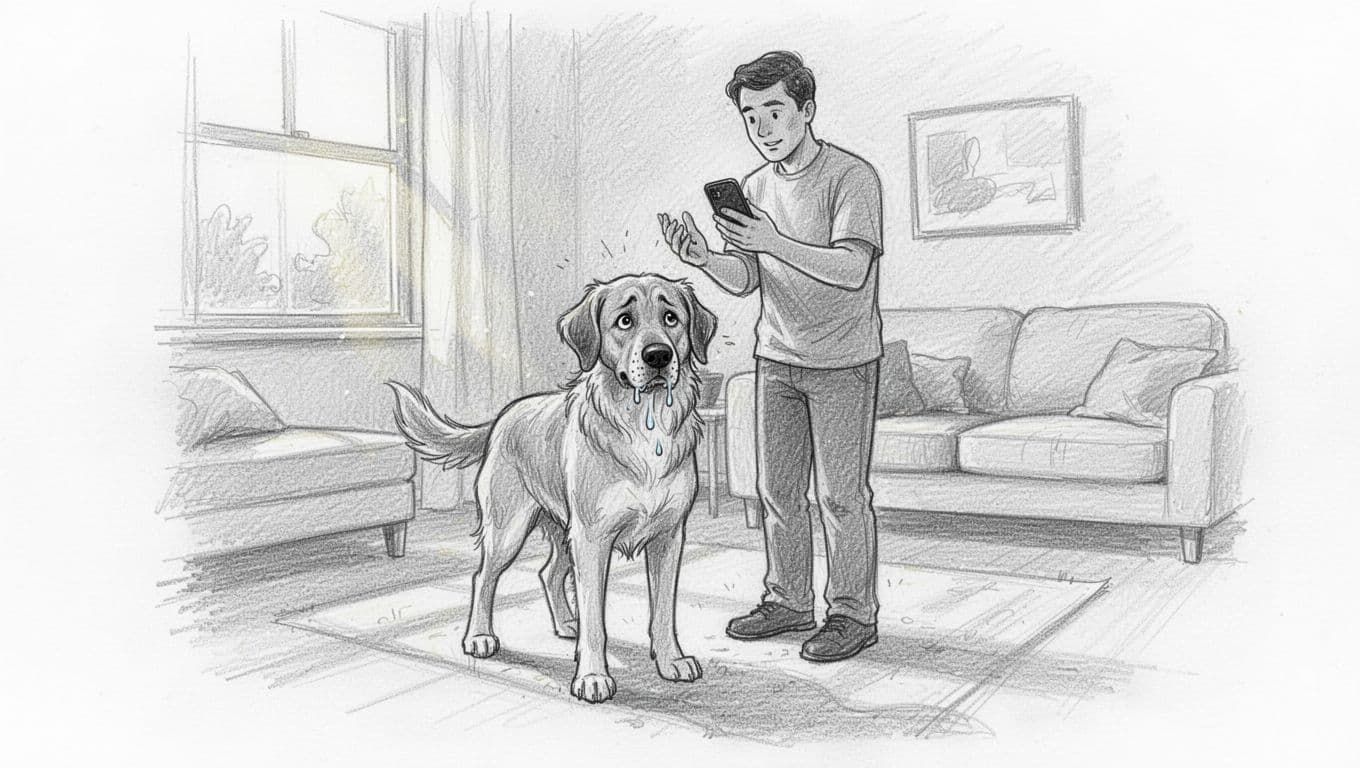 Sketch of drooling restless dog in living room with owner holding phone to ear.