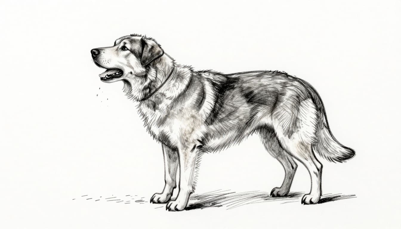 Hand-drawn monochrome sketch of a large German Shepherd-like dog pacing restlessly in a cozy living room, arching its back, mouth open with drool, and visibly distended hard belly, illustrating early bloat warning signs.