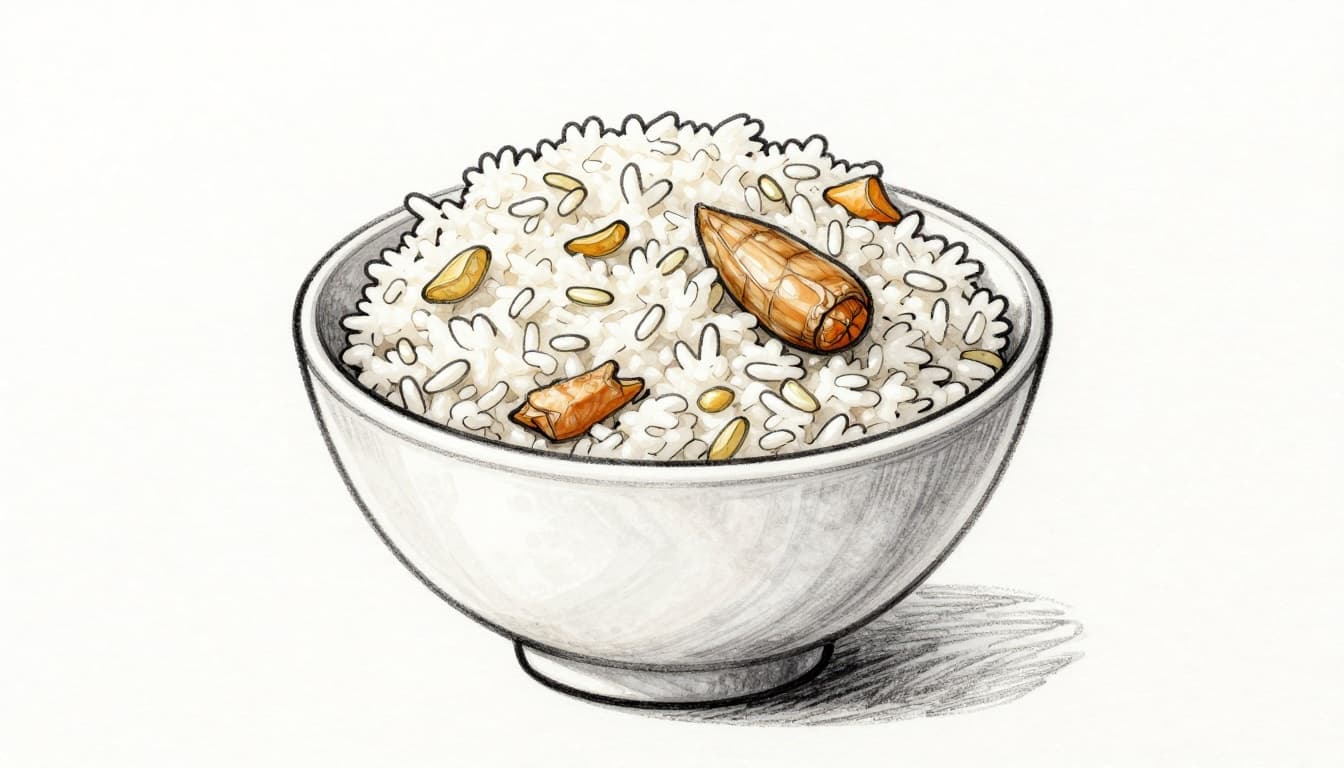 Hand-drawn sketch of a single bowl centered with soft cooked white rice mixed with small pieces of low-fat chicken meat and pureed carrots beside it, featuring graphite linework, light shading, and a clean white paper background.