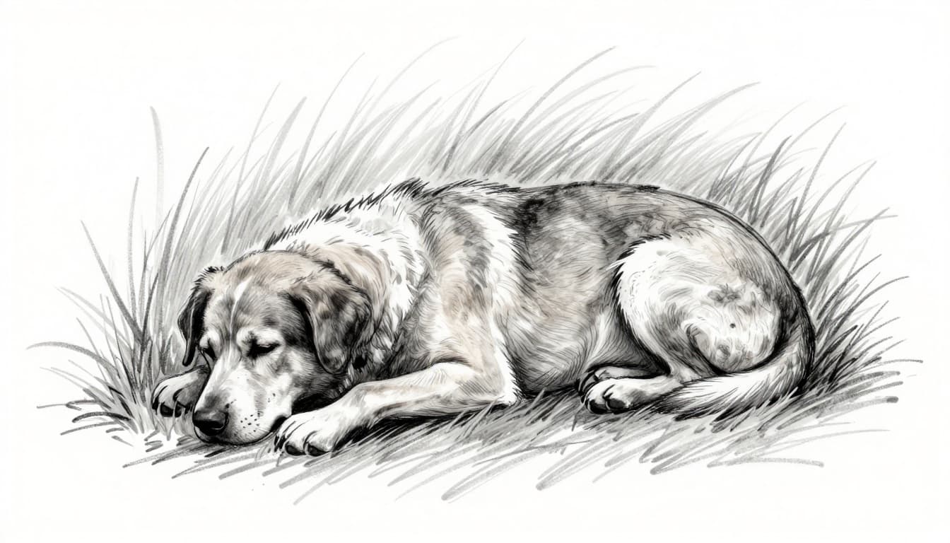 Hand-drawn graphite sketch of a single dog lying on the ground with a sad expression and belly discomfort, grass tufts nearby on a clean white background, illustrating warning symptoms of excessive grass eating.