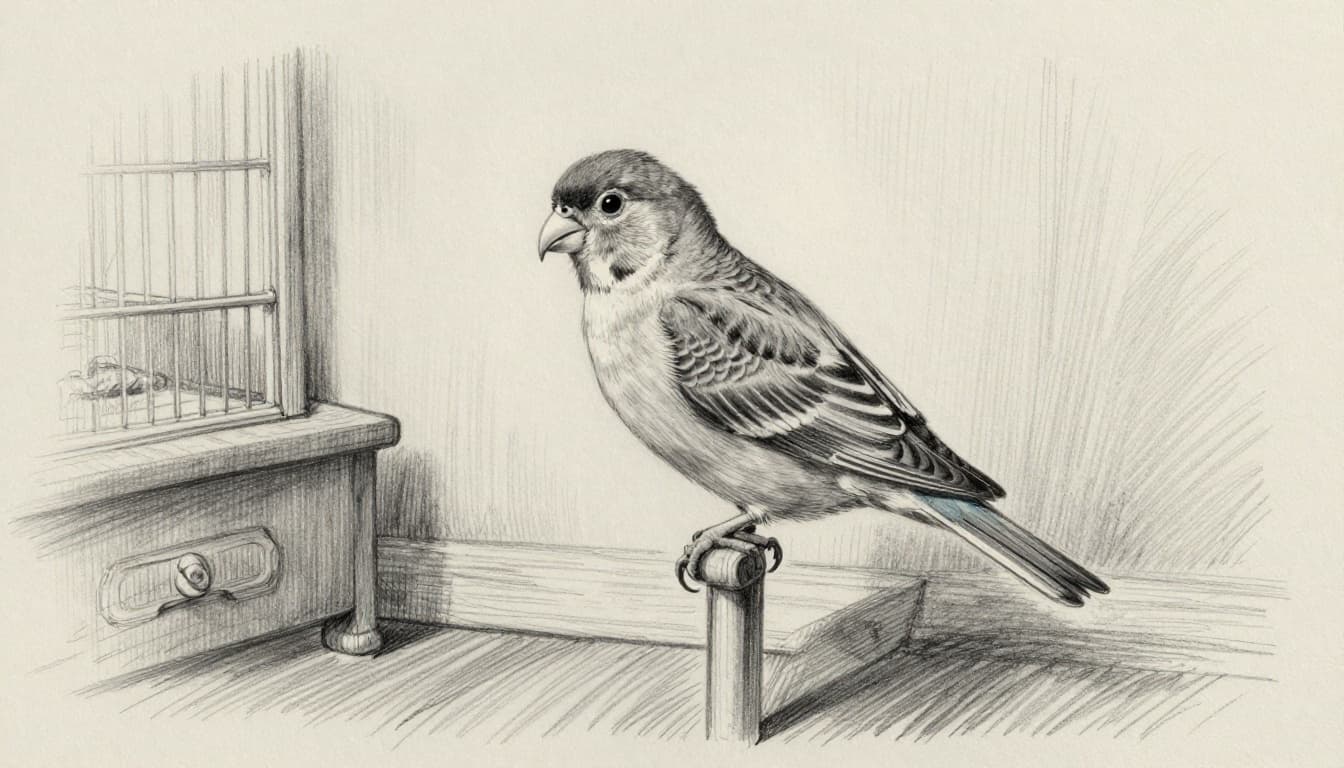 Hand-drawn graphite sketch of a Wellensittich (budgie) cage positioned against the wall at chair height in a calm living room. The single bird perches inside, peering cautiously out, with soft light and serene atmosphere on light gray paper.