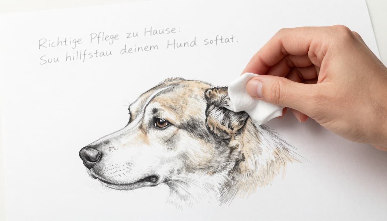 Hand-drawn graphite sketch of a person's hand safely cleaning a dog's ear with a cotton pad and cleaner in a home veterinary setting, close-up on gentle action with calm dog on table.