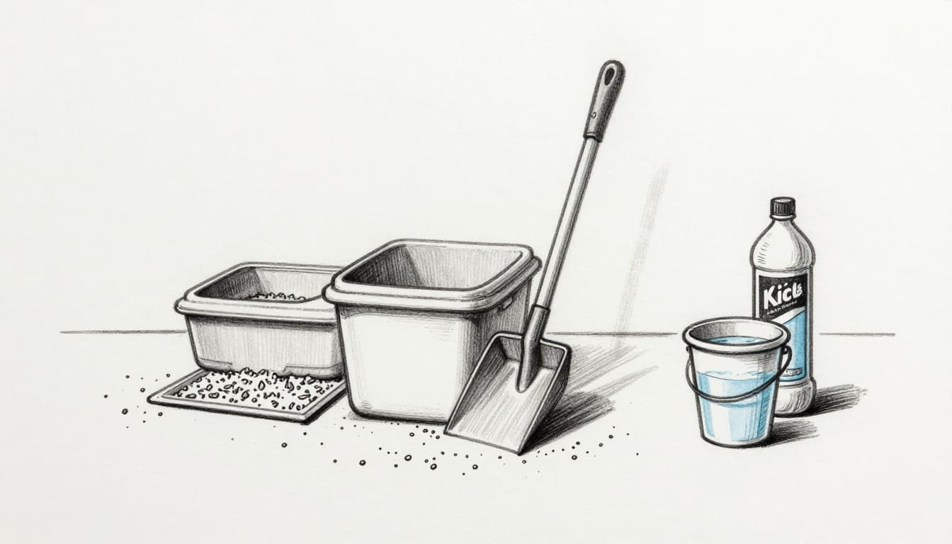 A shovel scoops urine clumps from a deep cat litter box with ample litter, accompanied by a bucket of hot water and mild cleaner bottle in a bright room. Hand-drawn sketch showing practical cleaning step for fresher cat litter.