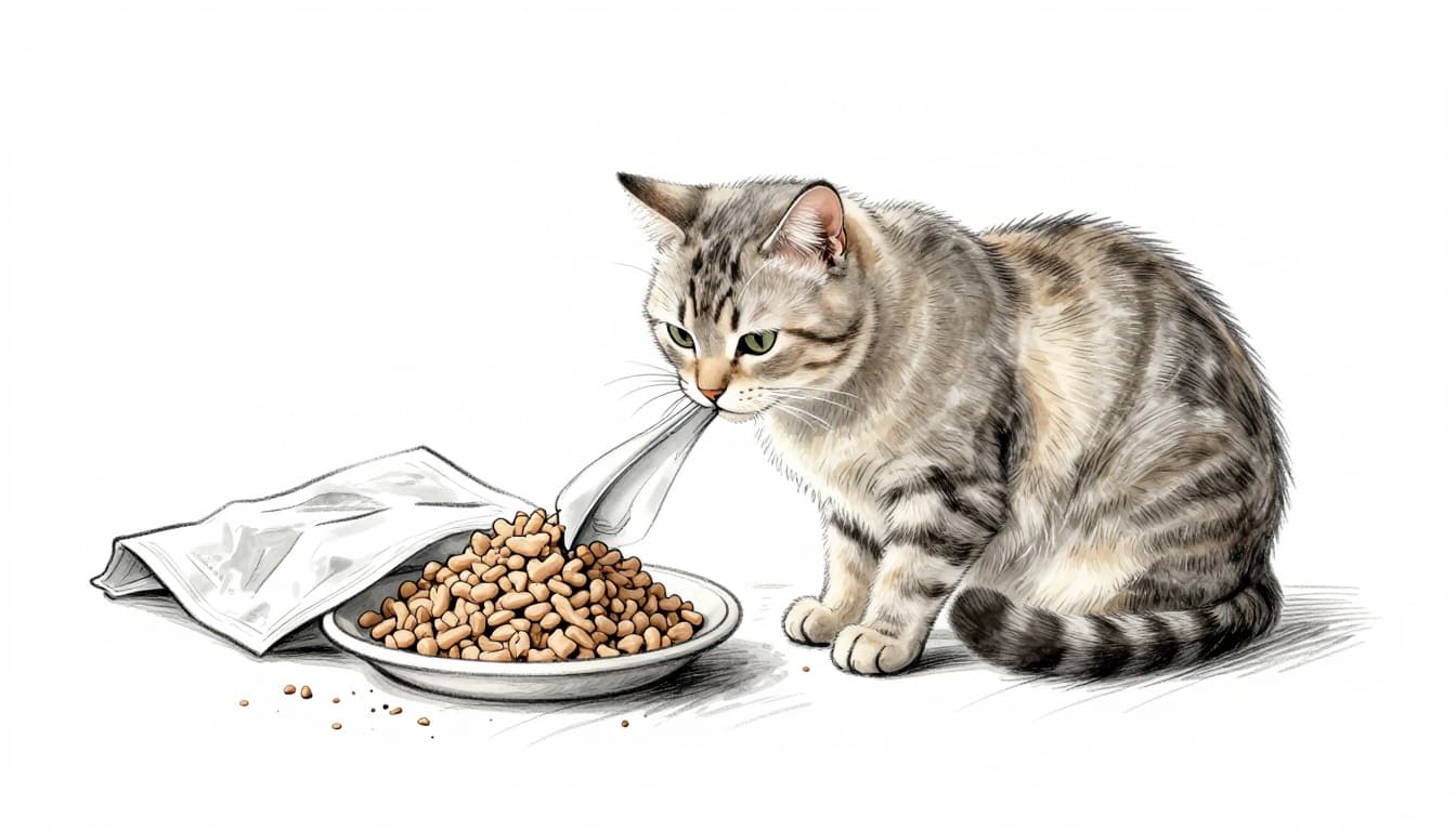 An older cat gently licks wet food from a bowl on a soft coaster, looking relaxed in a cozy indoor setting. Hand-drawn graphite sketch with light shading in grays and earth tones on white paper.