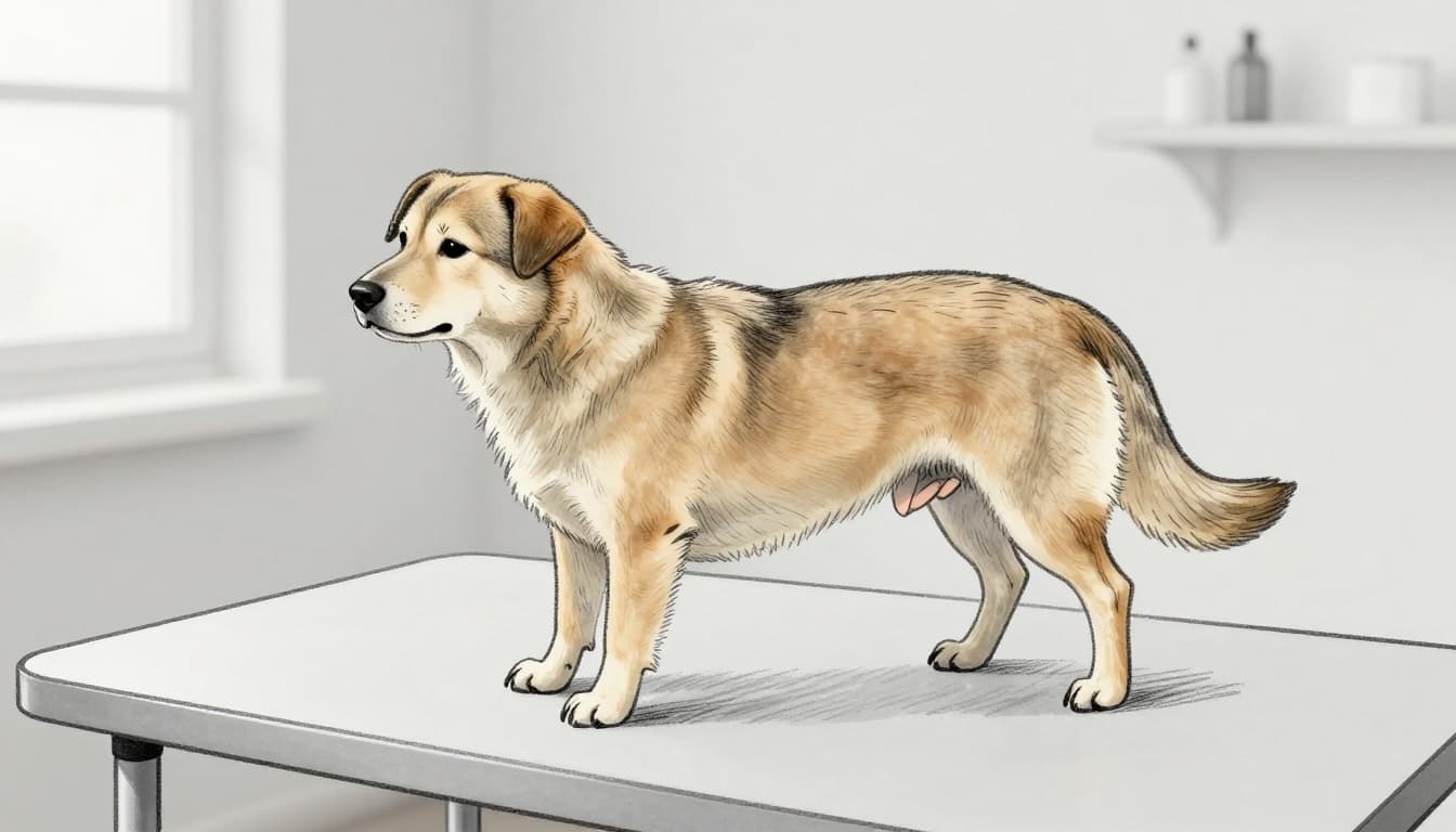 Calm senior mixed-breed dog on veterinary exam table with vet's hands gently checking joints in a simple clinic room. Hand-drawn graphite sketch style with light shading on gray paper background.