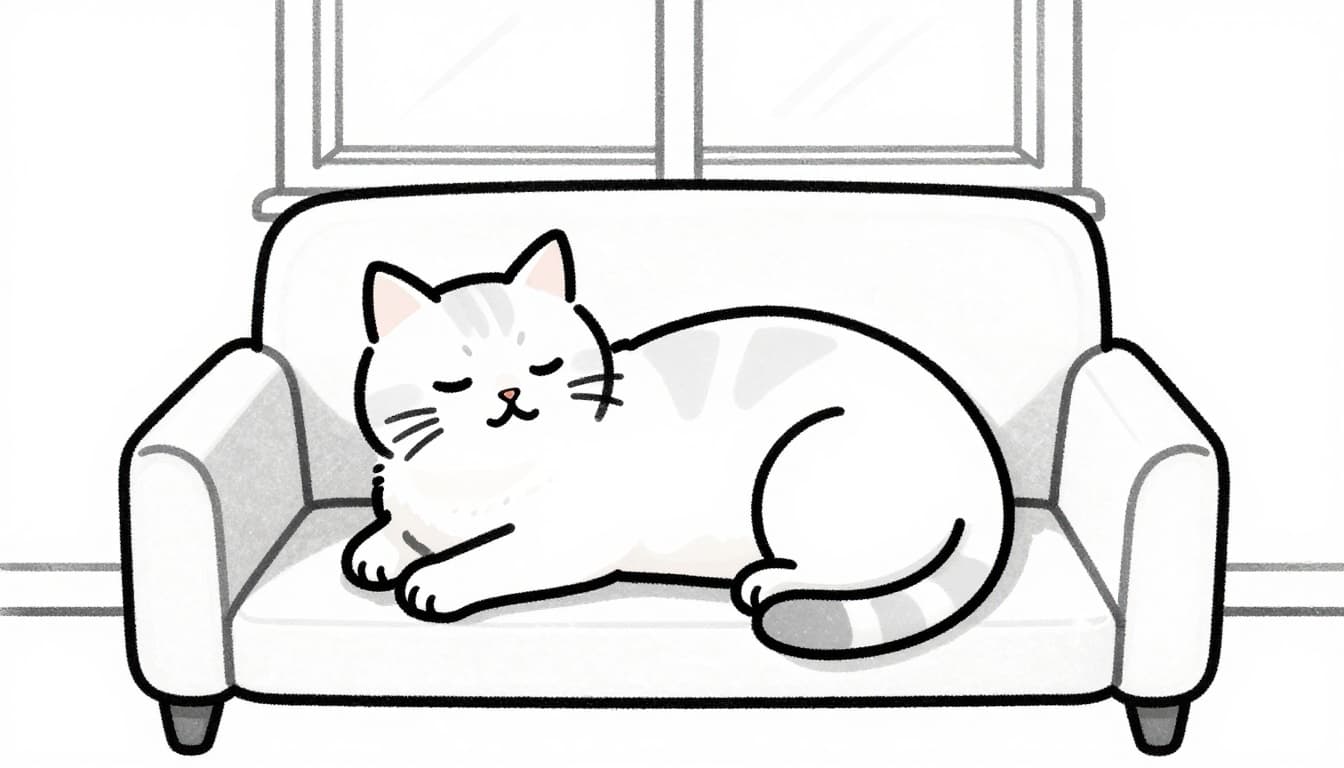 Hand-drawn graphite sketch of a house cat curled up on a sofa in an apartment, appearing ill and in pain with a slightly open mouth, indoor scene with window background, light shading on white paper.