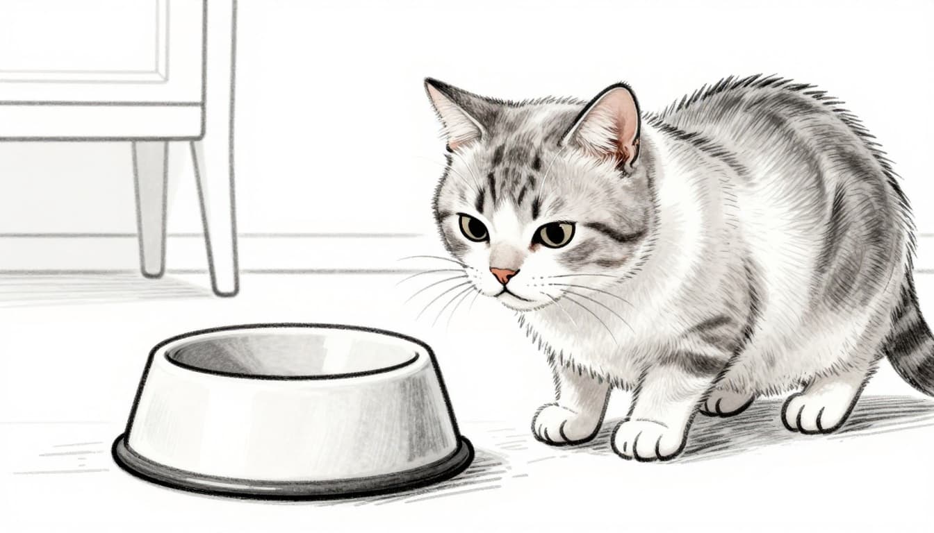 Katze schnuppert skeptisch an einem vollen Futternapf.