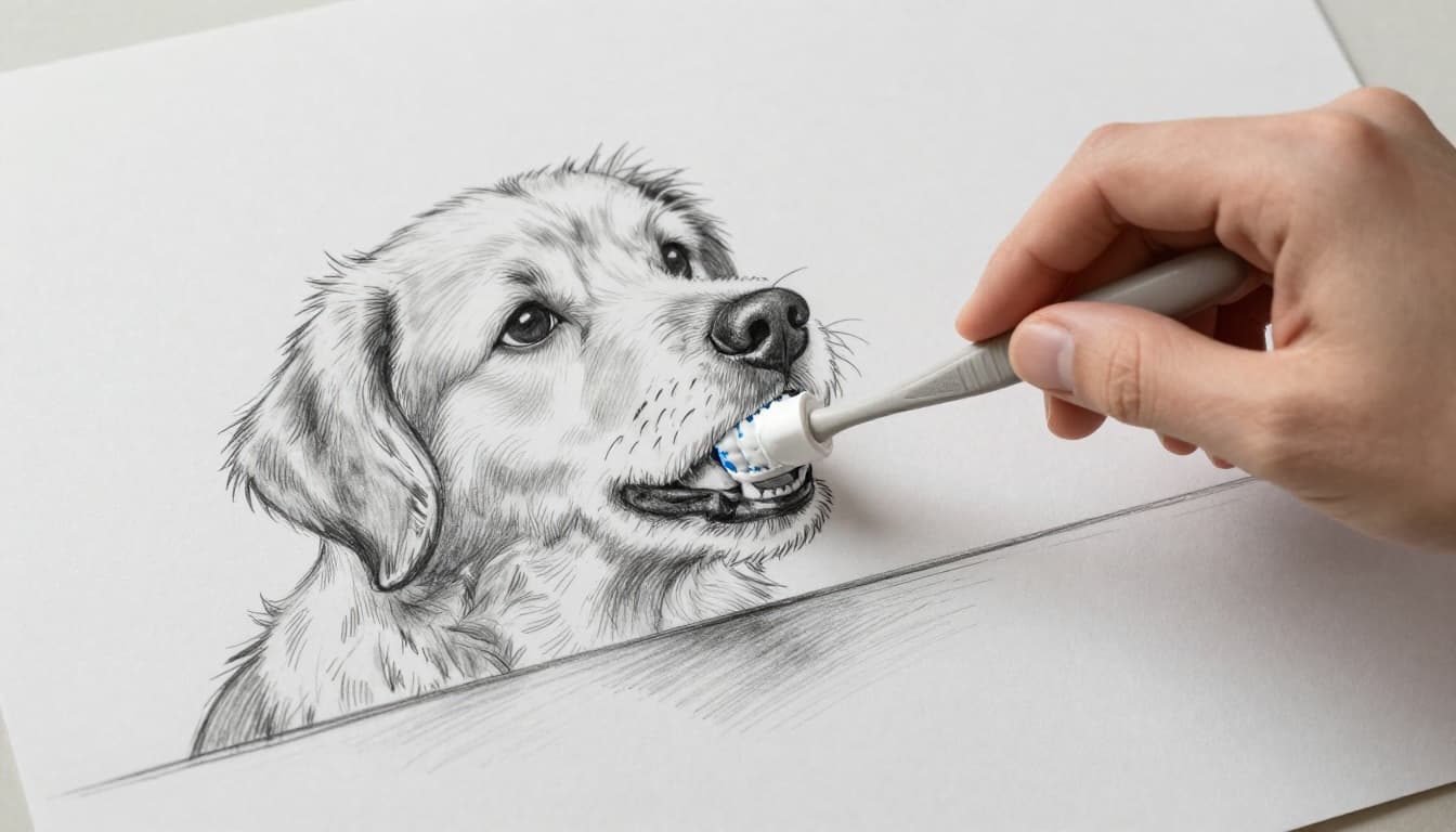 Hand-drawn grayscale sketch of a person's hand gently brushing a small dog's teeth with a soft finger brush and toothpaste. The dog sits calmly on a table, mouth slightly open, in a relaxed scene with light shading on clean light gray paper.