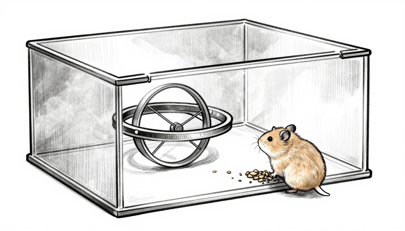 Hand-drawn grayscale sketch of a large glass hamster enclosure with 20 cm deep bedding, a golden hamster digging a tunnel, large running wheel, and hiding house on a table in a bright room.