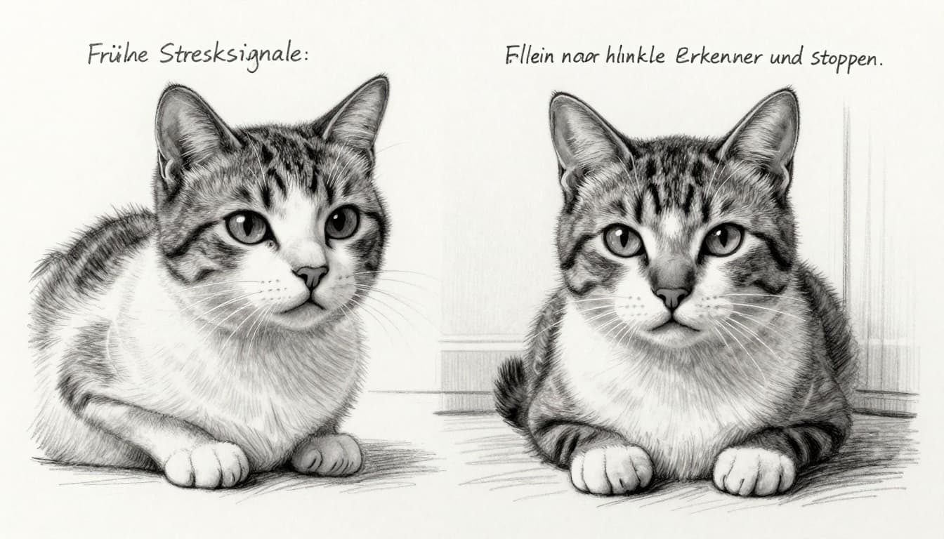 Hand-drawn sketch of a stressed cat displaying clear stress signals: ears pinned back, tail whipping, crouched in a corner with bristled fur and aggressive gaze, dim indoor setting.