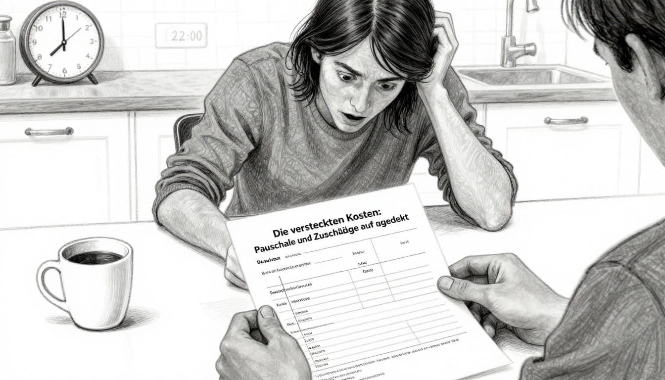 Pet owner sitting at kitchen table looking surprised at a veterinary bill with indistinct numbers, coffee mug nearby, late night setting with clock at 22:00, overhead view in hand-drawn graphite sketch style.