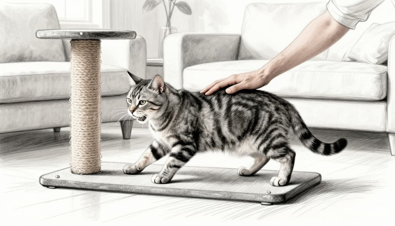 Hand-drawn graphite sketch of a tabby cat stretching and scratching vigorously on a sturdy sisal scratching post next to a living room sofa, with a human hand gently petting its back as positive reinforcement.