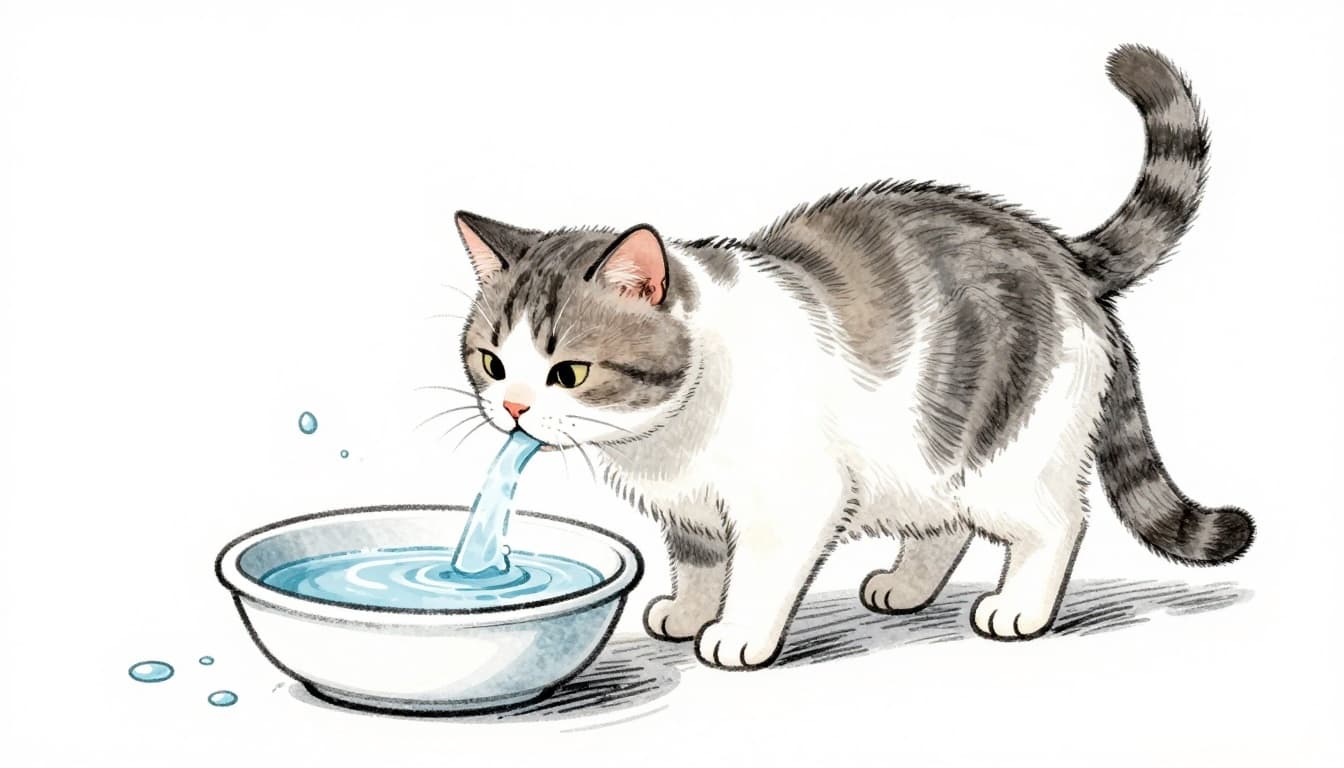 Domestic shorthair cat eagerly drinking large amounts of water from a shallow bowl on the kitchen floor, side profile view with splashing droplets indicating thirst. Hand-drawn graphite sketch with light shading on clean white background.