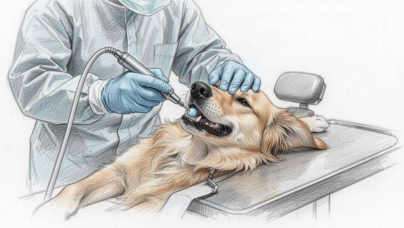 Ein Tierarzt in Schutzkleidung reinigt die Zähne eines liegenden Hundes mit Ultraschallgerät unter Narkose auf einem Behandlungsstuhl, fokussiert auf den Mundbereich. Handgezeichnete Skizze mit Graphitlinien, leichter Schattierung und reinem weißem Hintergrund.