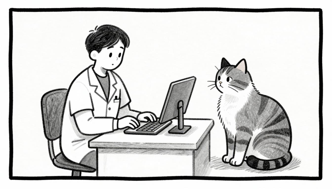 Ein Tierarzt in weißem Kittel steht neben einem Tisch in einer hellen Praxis, auf dem ein Kater und eine Katze friedlich nebeneinander liegen, medizinische Instrumente daneben. Handgezeichnete Skizze mit Graphitlinien, leichter Schattierung auf hellem grauem Papierhintergrund.