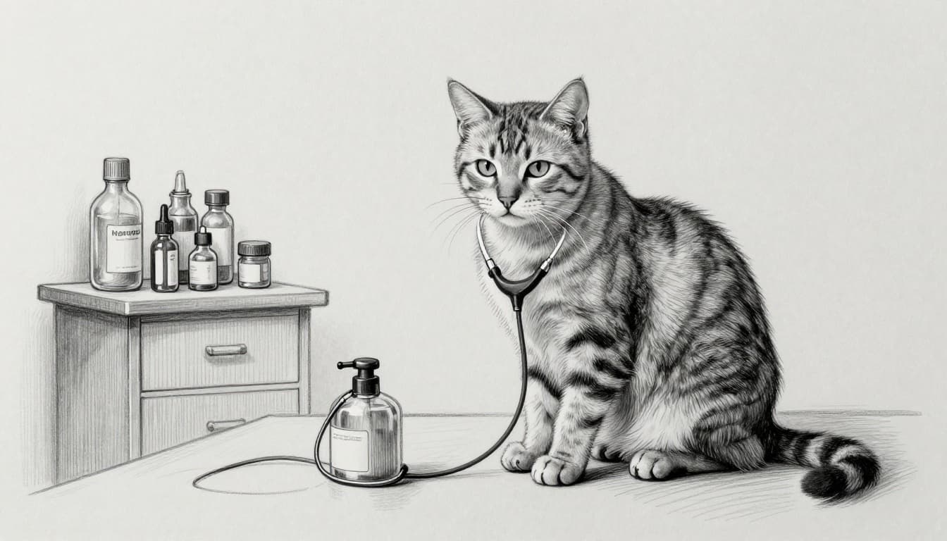 Ein Tierarzt untersucht eine ruhig sitzende Katze auf einem Tisch in der Praxis mit Stethoskop, Regale mit Medikamenten im Hintergrund. Handgezeichnete Skizze mit Graphitlinien, leichter Schattierung auf hellem grauem Papier.