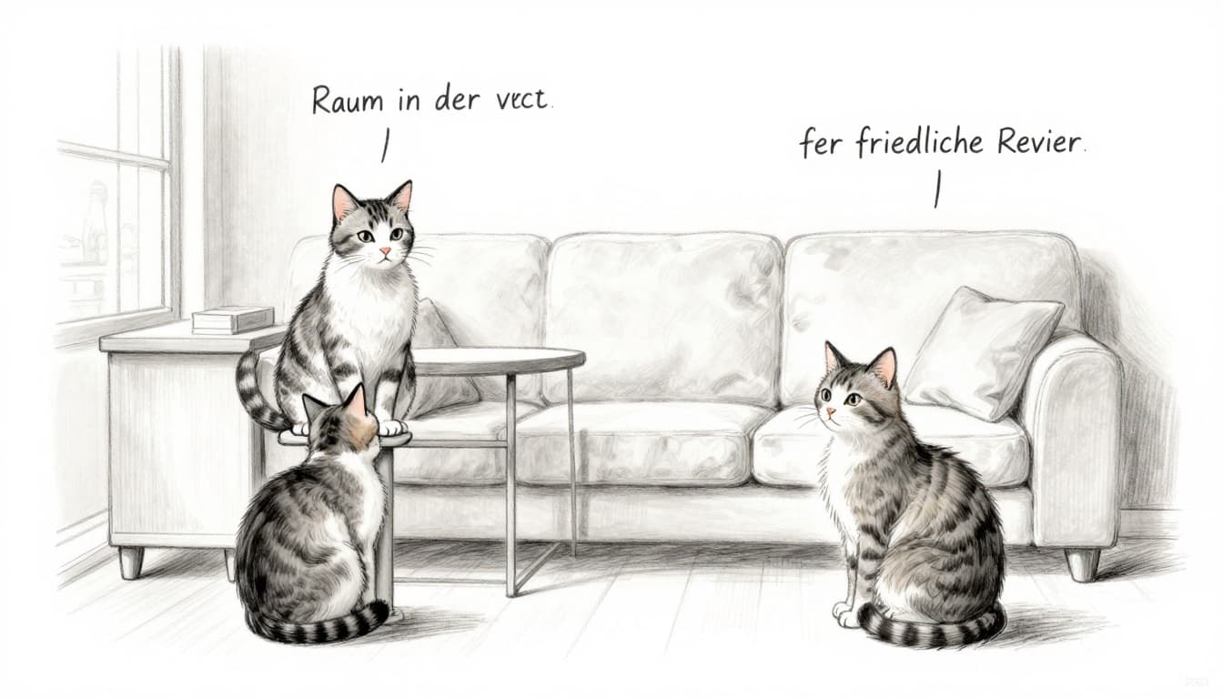 Two cats relax on a scratching post and shelves at varying heights in a compact modern two-room apartment; one looks out the window, the other on a high shelf, with sofa and table in the background. Hand-drawn graphite sketch with light shading on clean white paper.