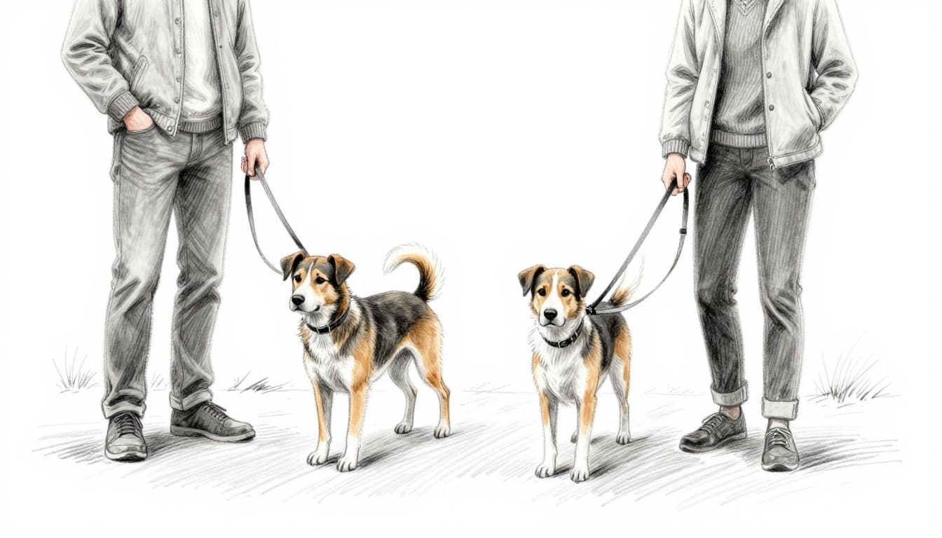 Hand-drawn graphite sketch of two dogs walking parallel on a path, each with their owner on a short loose leash, maintaining natural distance guided gently. Wide-angle composition centered on the path, light shading on clean white background.
