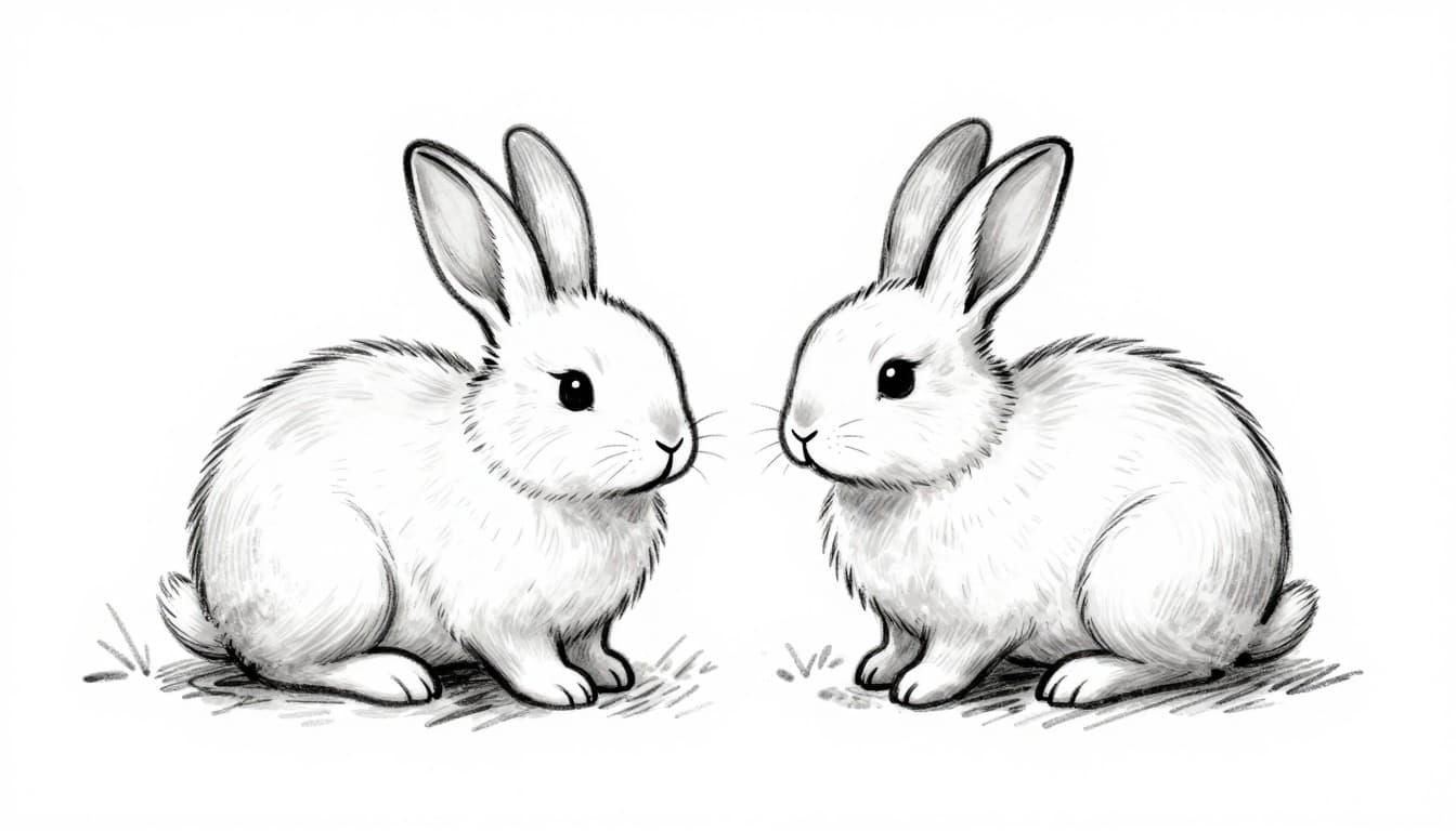 Two rabbits cuddle closely in a hay-padded dry stable, appearing calm and protected from the snowy wind outside. Hand-drawn monochrome sketch with graphite linework, light shading on clean white paper.