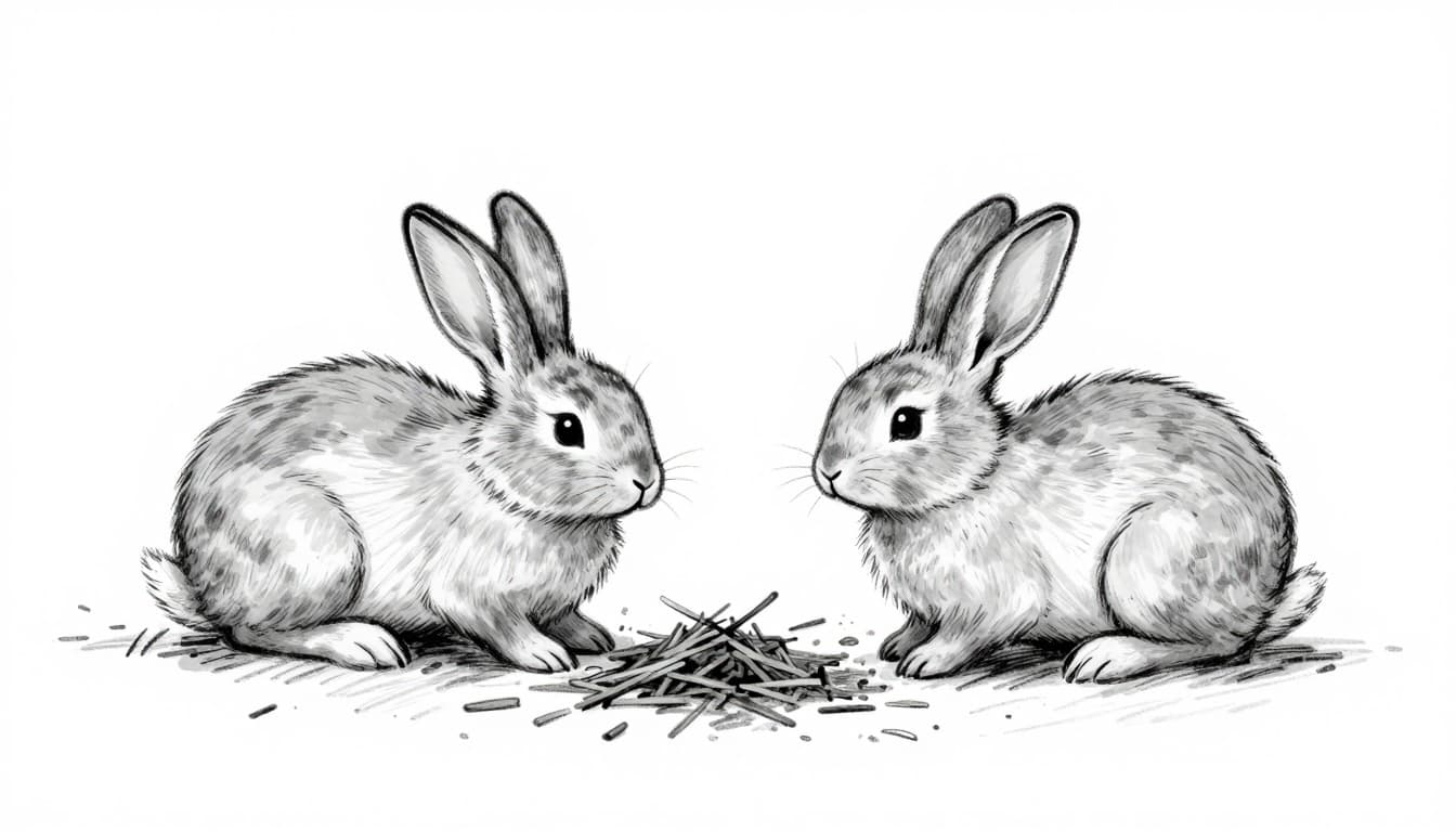 Hand-drawn monochrome sketch of exactly two rabbits eagerly eating plenty of hay in a dry, wind-sheltered stable during winter, with light snow visible through an opening and focus on food and warmth.