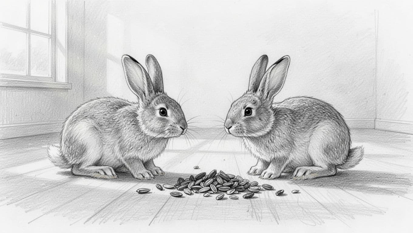 Hand-drawn graphite sketch of exactly two rabbits observing each other cautiously in a spacious neutral area with scattered food, light shading on clean white background.