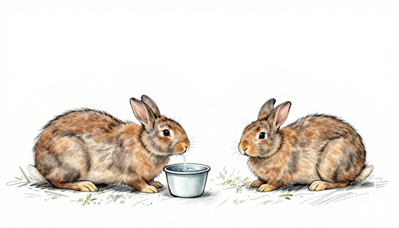 Hand-drawn graphite sketch of exactly two rabbits in a spacious neutral room featuring hay piles, water bowls, and hides with dual exits for safe, relaxed bonding preparation.