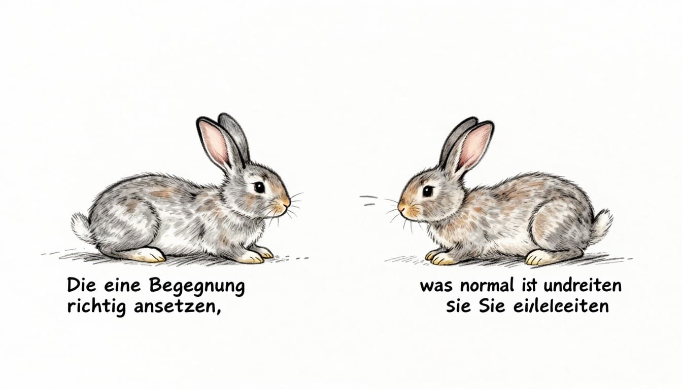 Hand-drawn graphite sketch depicting two rabbits in their initial meeting in a neutral space: one playfully chases the other with brief mounting and light fur flying, but no injuries or aggression.