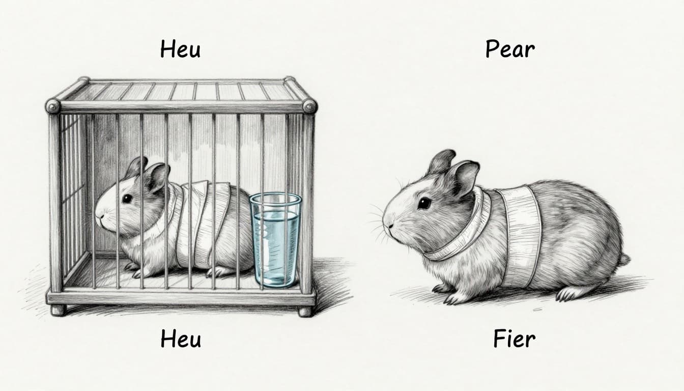 Hand-drawn graphite sketch of a male and female rabbit peacefully recovering with bandages in a clean cage with hay and water, light shading on clean light gray paper background.