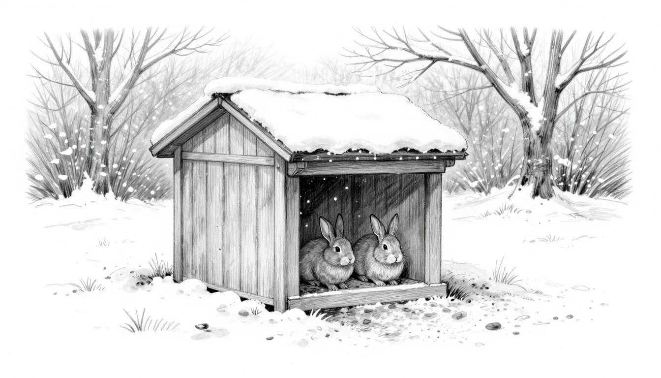 Hand-drawn graphite sketch depicting two rabbits in a winter-ready outdoor enclosure with an insulated shelter, raised dry floor for protection against wind and snow, light snowfall, and ample space for hopping. Monochrome linework with light shading on a clean white background, focusing on enclosure details.