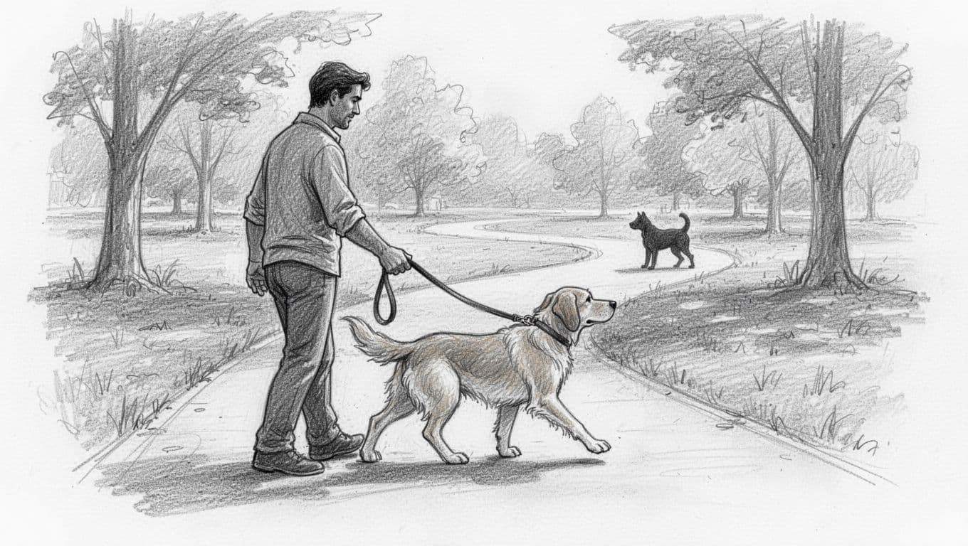 Handler leads calm dog on loose leash away from distant dog silhouette via U-turn on park path, graphite sketch style.