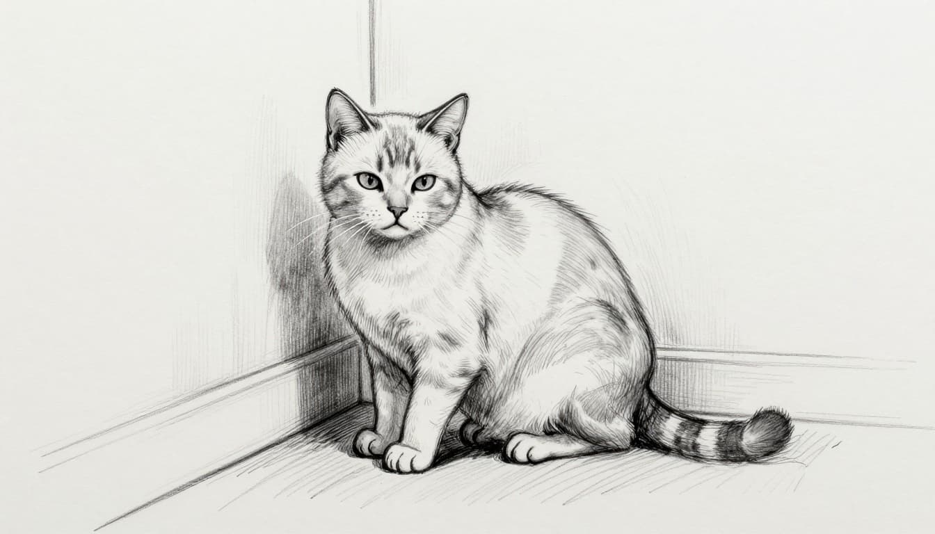 A dissatisfied cat stands before a litter box with minimal litter in a cramped, dark room corner, featuring visible urine stains and faint odor clouds. Hand-drawn graphite sketch highlighting poor litter box conditions.