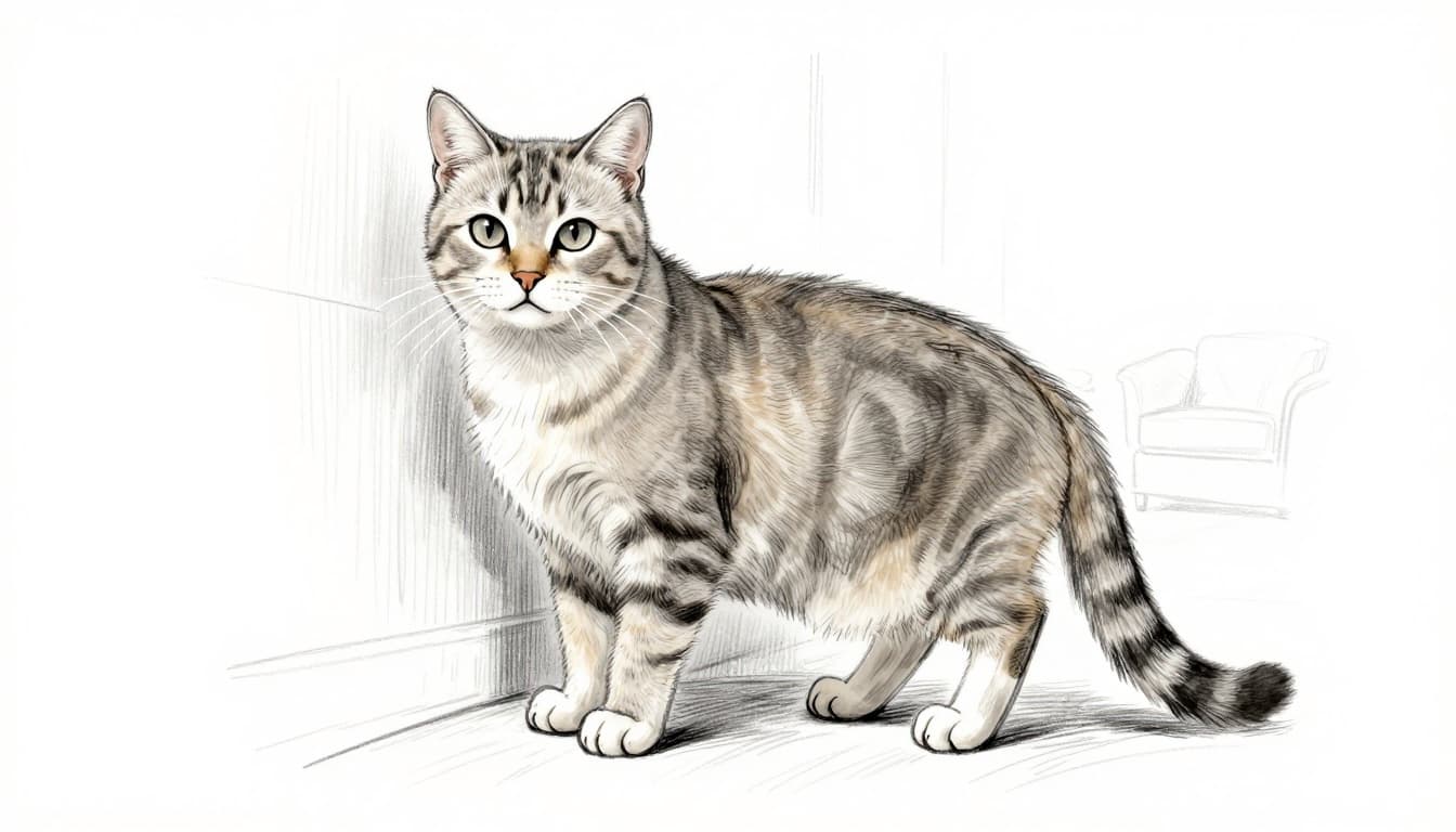 A single cat stands upright in a dynamic pose, spraying a small urine mark on a vertical wall in a typical living room with sofa and wooden floor in the background. Hand-drawn graphite sketch style with light shading in grays and light browns on clean white paper.
