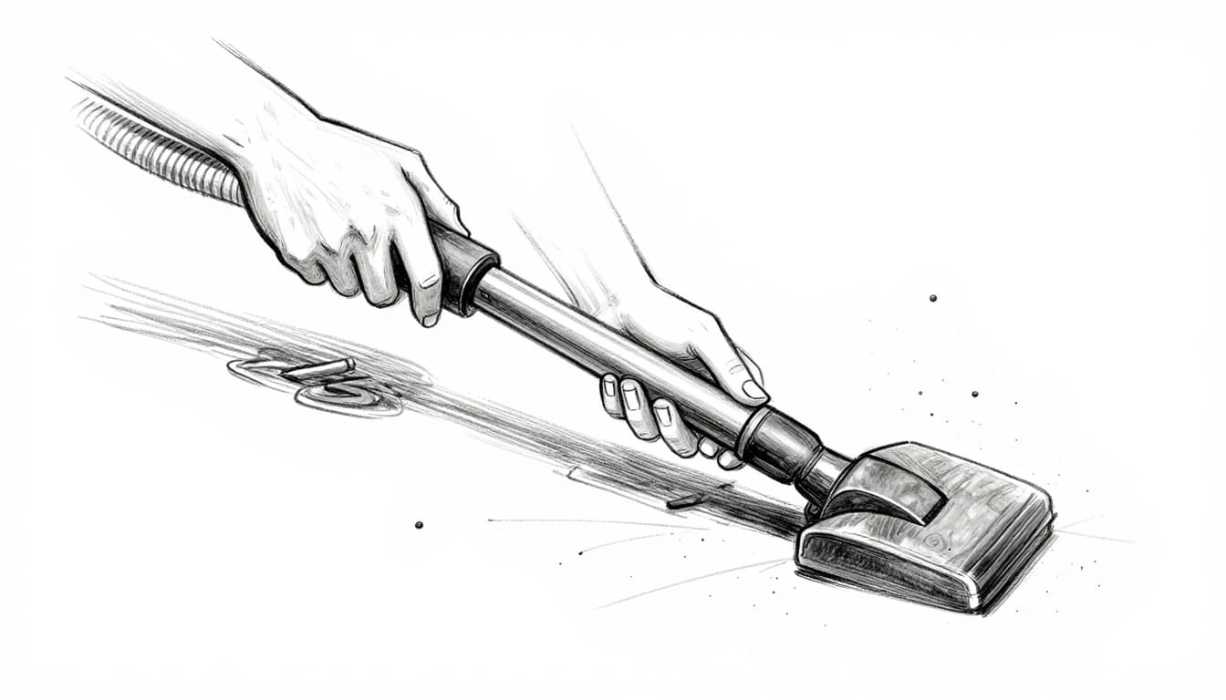 A person uses a vacuum cleaner to remove fleas and eggs from a carpet and upholstery in a living room, with focus on the vacuum and small particles visible. Hand-drawn graphite sketch style on white background.