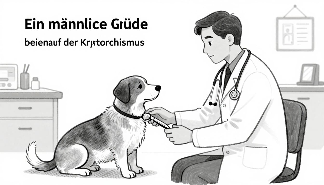 Hand-drawn graphite sketch of a veterinarian gently palpating a male dog's belly on an exam table to check for cryptorchism, in a calm vet clinic setting with background utensils, monochrome with light grays.