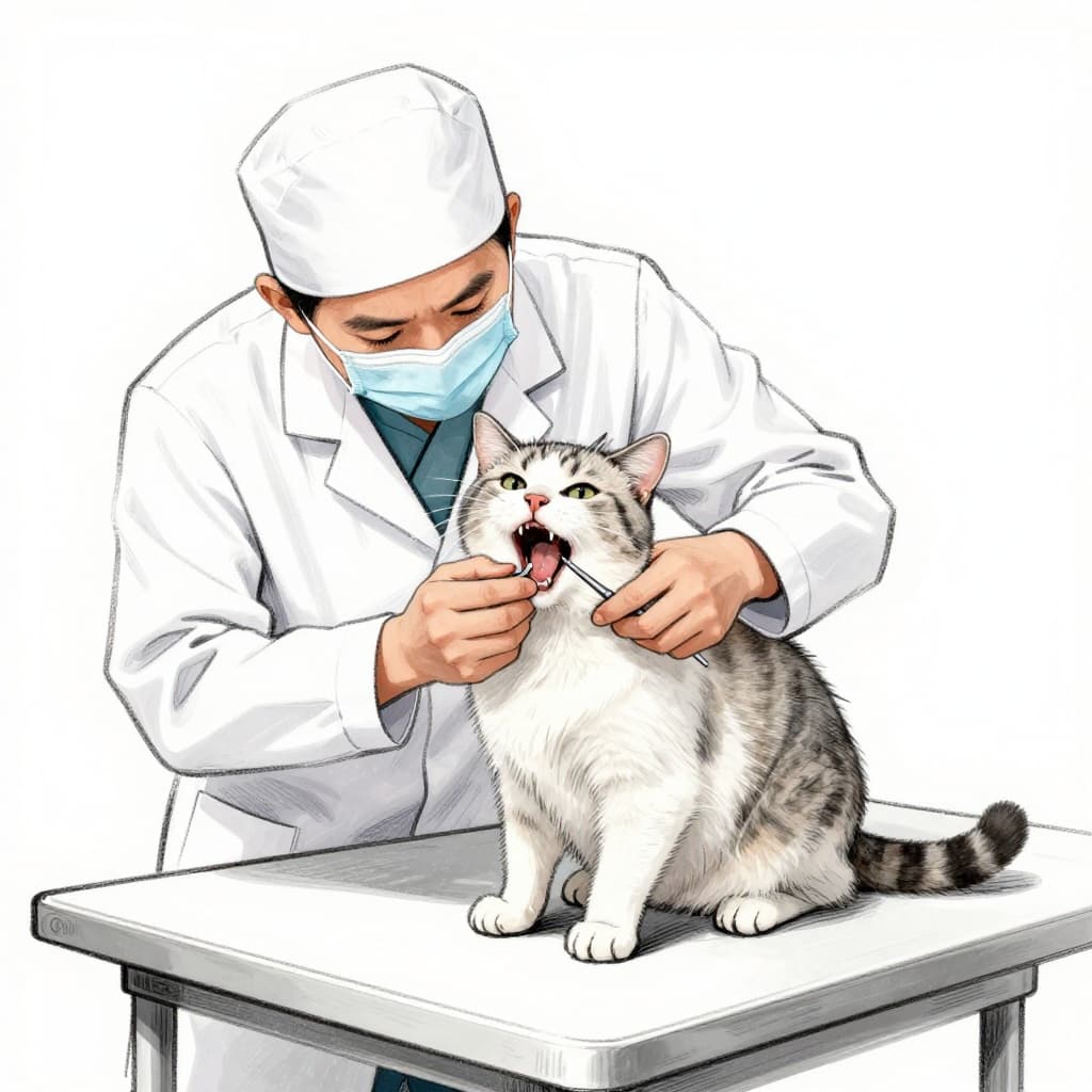 A veterinarian in a white coat carefully opens a seated cat's mouth to inspect its teeth using a small tool, with an exam table in the background. Hand-drawn sketch in graphite linework with light shading on clean white paper.