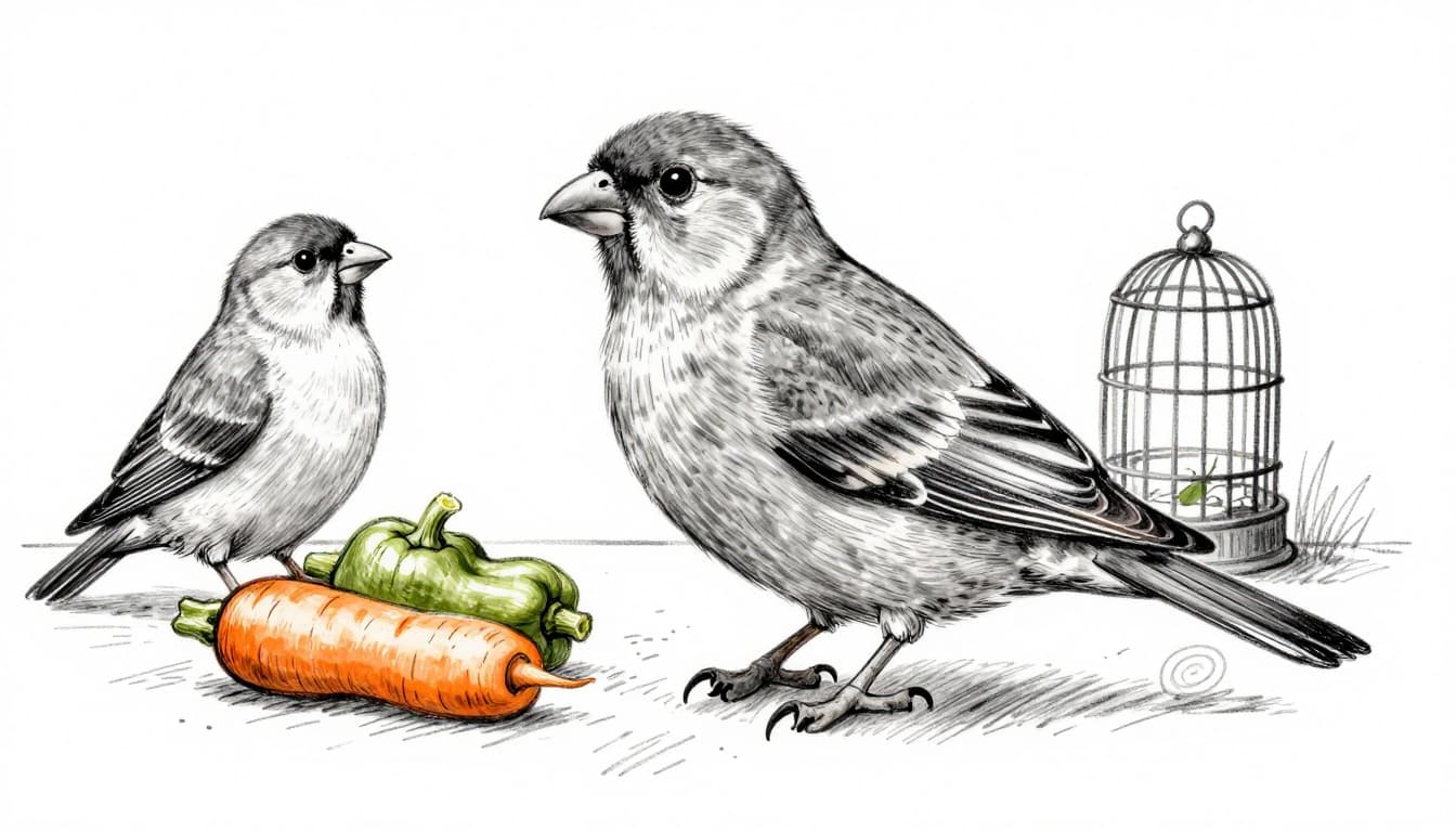 Handgezeichnete Graphitskizze eines Wellensittichs in entspannter Pose, der an frischem Gemüse wie Gurke, Paprika, Karotte und Zucchini auf einem Teller in einem Vogelkäfig pickt. Feine Linien mit leichter Schattierung auf weißem Papierhintergrund, kein Text oder Personen.