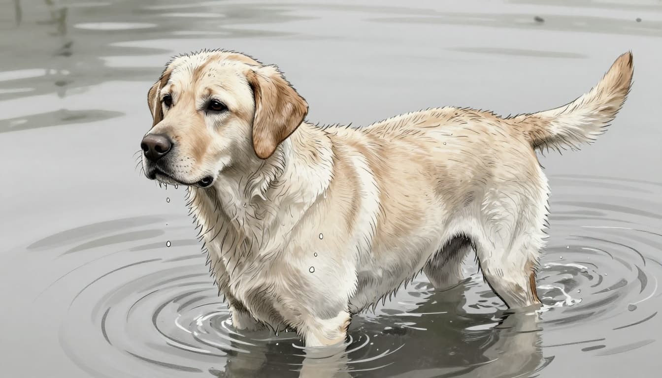 Hand-drawn graphite sketch of a Labrador dog with floppy ears emerging wet from a pond, water droplets on fur, medium shot in outdoor setting with soft daylight on light gray paper.