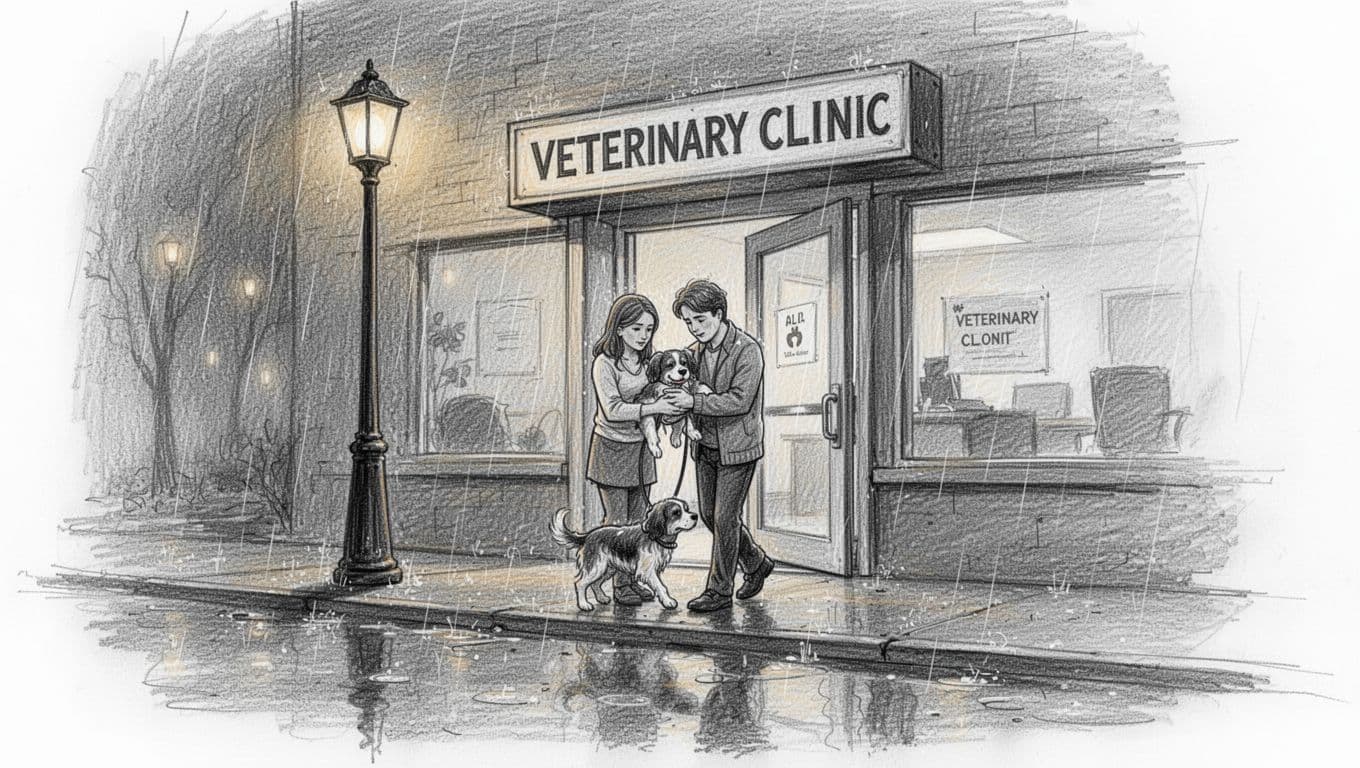 Worried pet owner holding limping small dog approaches veterinary clinic door lit by streetlamp at midnight, rainy street background. Hand-drawn graphite sketch with side view focus on entrance and animal.