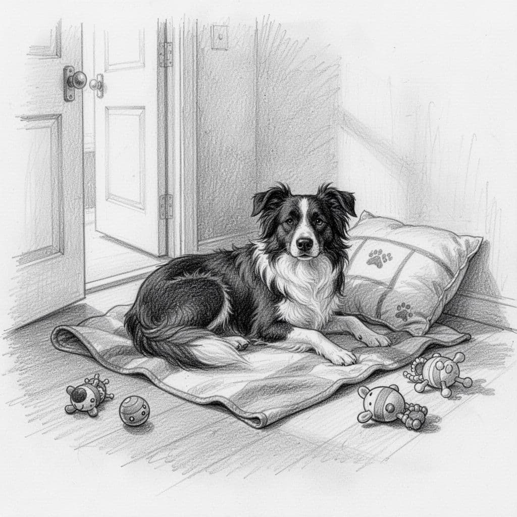 Hand-drawn sketch of relaxed Border Collie on blanket with toys and pillow in small room, door ajar.