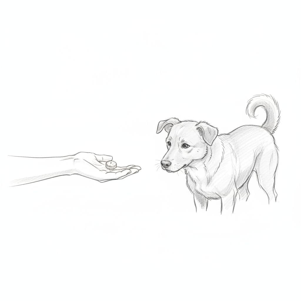 A graphite drawing shows a person extending an open hand toward a hesitant dog on a plain white background. Soft shading highlights the connection between the human and the small animal.