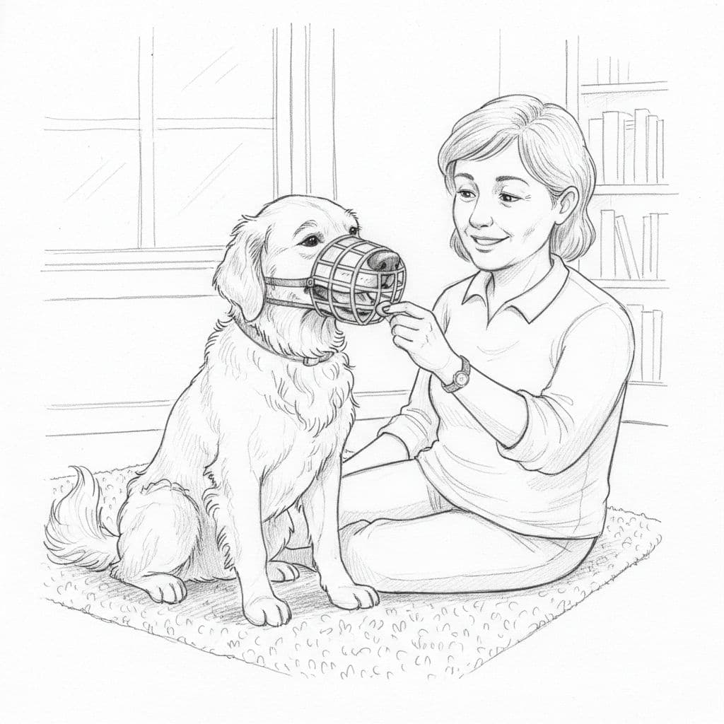 Graphite sketch of dog wearing wire basket muzzle sitting beside owner holding treat.