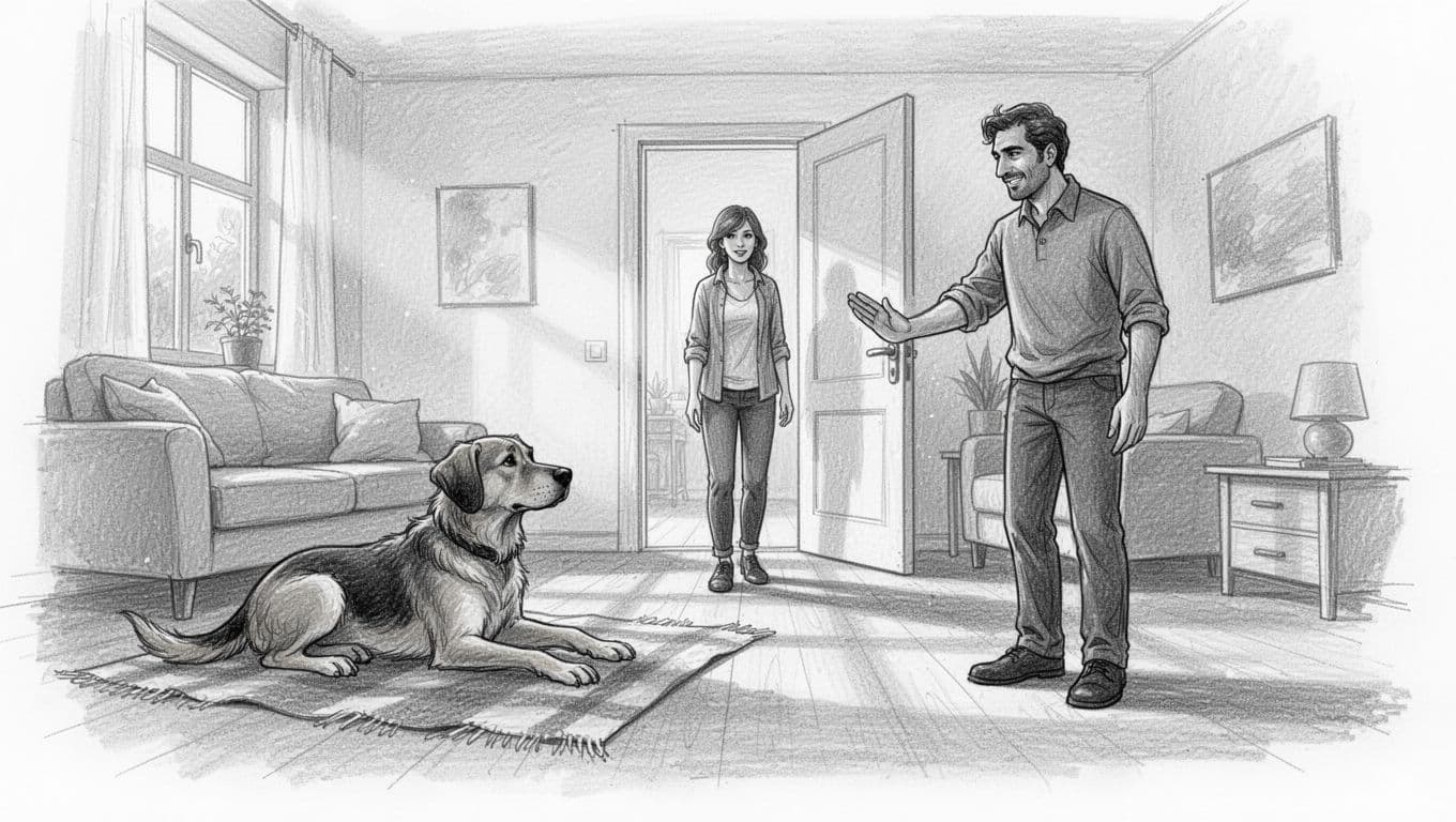 Hand-drawn graphite sketch of a dog lying relaxed on a blanket left, guest entering center door, owner signaling stay right.