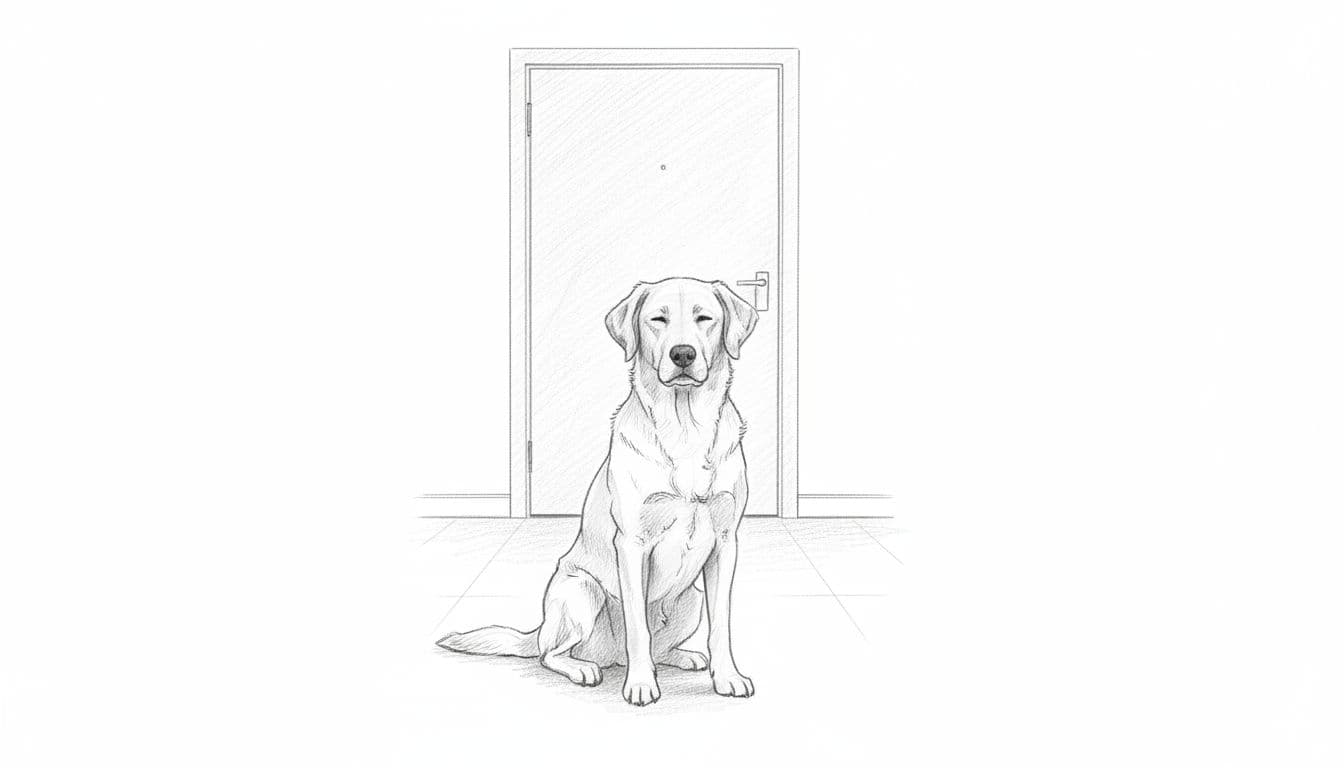 A graphite drawing shows a dog sitting motionlessly in a minimalist hallway. The canine is positioned several meters away from a closed front door, rendered with soft gray shading and details.