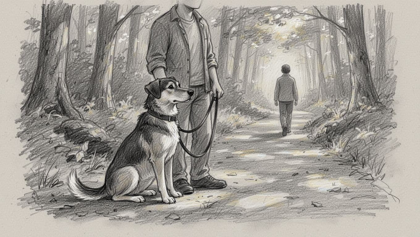 Side-view graphite sketch of medium dog sitting alertly on short leash beside owner on woodland path, blurry stranger distant.